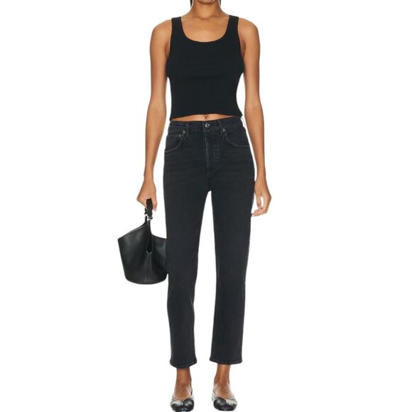 Agolde Riley High Rise Straight Leg Crop Jeans Size 24 In Panormaic Black Faded - Picture 13 of 15